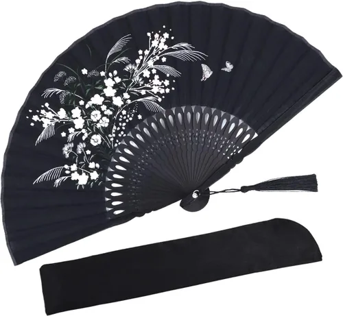 Miniatura 15 de Ventilador de mano plegable para mujer, estilo chino japonés vintage, de seda de bambú, 15 x 8.3 pulgadas, con borla y bolsa para fiesta, boda
