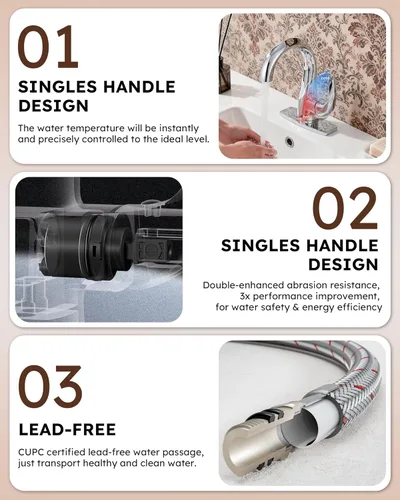 Miniatura 6 de WOWOW Grifo de Baño de Una Sola Manija 1 Orificio Arco Alto Grifo de Lavabo de Baño Cromado con Desagüe Pop Up, Latón Sólido Grifo Comercial de Cromo