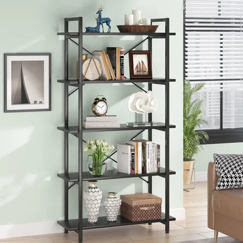 Tribesigns Estantería negra de 5 niveles, moderna estantería Etagere con marco de metal, estante alto para sala de estar, estudio, oficina en casa