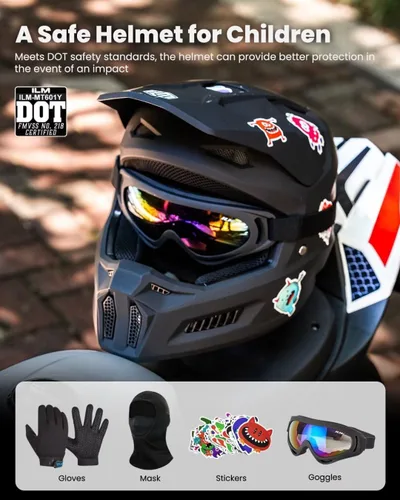 Miniatura 2 de ILM Casco de motocross para jóvenes con calcomanías, casco ATV para niños, motocross, BMX, motocicleta todoterreno con gafas, guantes, máscara DOT