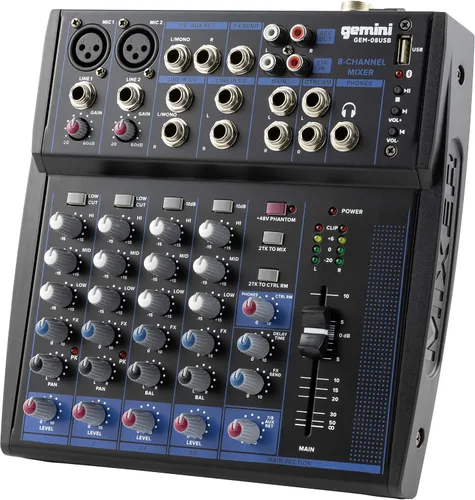 Gemini - Mezclador de audio Bluetooth de 8 canales con reproducción USB, FX, EQ y Phantom Power, mezclador analógico compacto para podcasting,