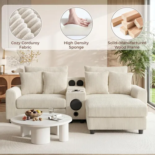 Miniatura 3 de MAKIAAP Sofá modular de pana de 83 pulgadas con altavoces, cómodo sofá biplaza de asiento profundo con otomana móvil, consola, cargador USB, Beige