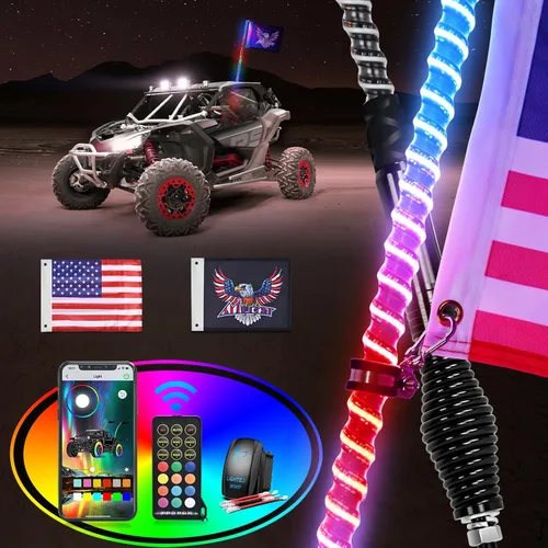Miniatura 10 de Nilight 2 luces LED RGB en espiral de 3 pies con base de resorte, luz de persecución RF, control remoto, látigos de antena iluminados para Can-Am