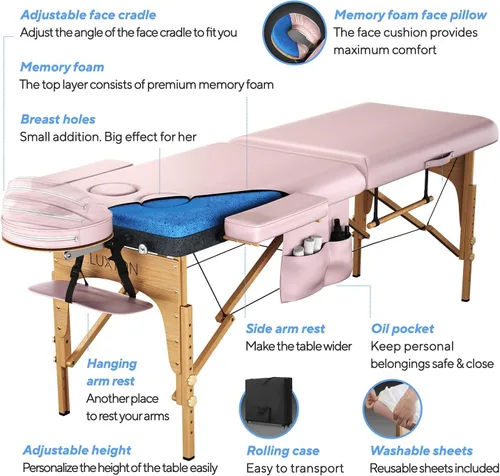Miniatura 4 de Mesa de masaje de espuma viscoelástica prémium para mujer con agujeros para el pecho personalizados y sábanas personalizadas, estuche de viaje