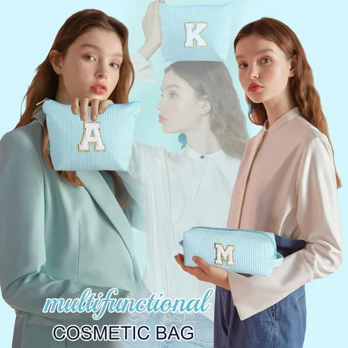 Miniatura 2 de YOOLIFE Regalos del Día de la Madre para mujeres, bolsa de maquillaje con inicial, bolsa de maquillaje para viajes, bolsa de maquillaje Azul/claro