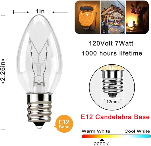 Miniatura 2 de Paquete de 25 Bombillas de Repuesto C7 Transparentes, Bombillas de Luz de Vela C7 para Exteriores, Luz de Vela Nocturna para Decoración de Patio
