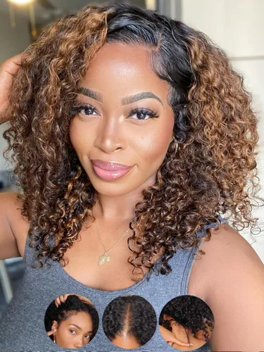 Miniatura 27 de KLAIYI Bye Bye Slip™ - Pelucas de cabello humano con encaje frontal 7x5, color marrón castaño degradado, rizado, sin pegamento, precortadas de 7 x