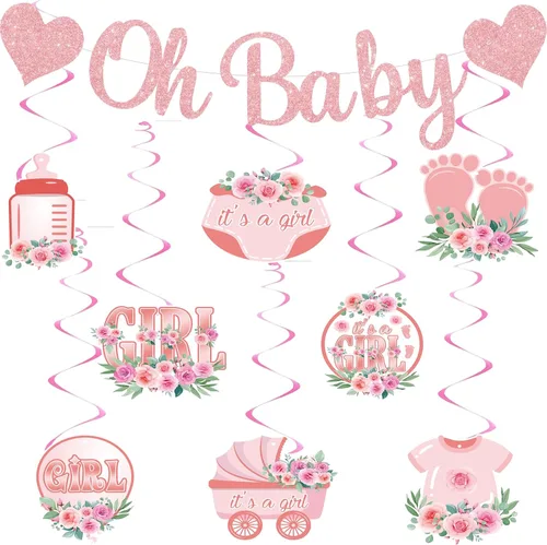 Oh Baby - Cartel de revelación de género rosa con espirales | Decoraciones de baby shower para fiesta de niña