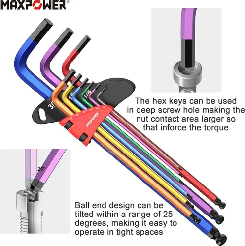 Miniatura 5 de MAXPOWER - Juegos de llaves Allen, juego de llaves Allen de 27 piezas incluye SAE (1/6-3/8"), métrico (1.5-10mm), Torx (T10-T50), juego de llaves