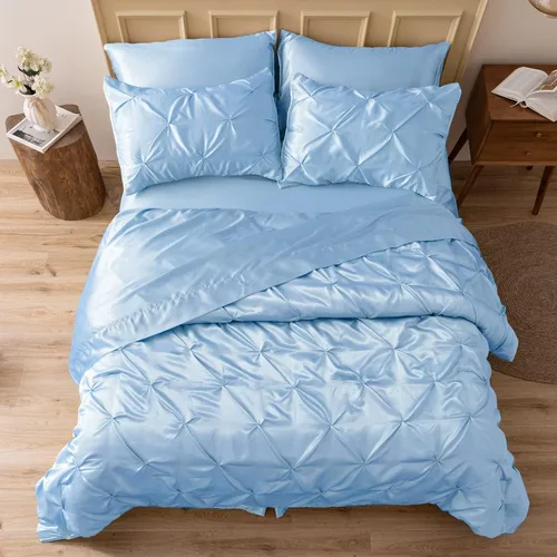 Miniatura 21 de MR&HM Juego de ropa de cama con edredón satinado King de 7 piezas - Juego de cama lujoso con pliegues, con edredón, sábana plana, sábana ajustada