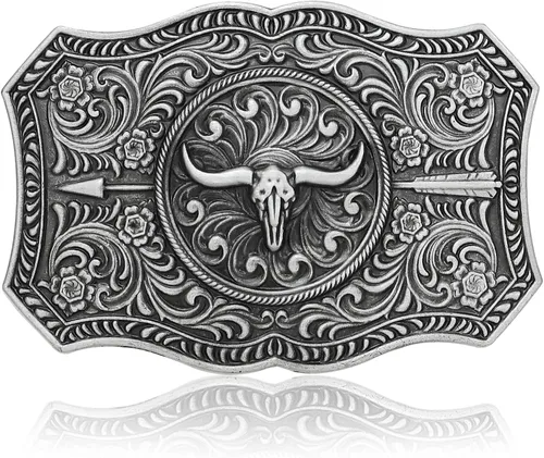 Miniatura 8 de RechicGu Hebilla de cinturón ovalada de calavera de toro de cuerno largo, cuentas de madera turquesa nativa americana, hebillas de vaquero