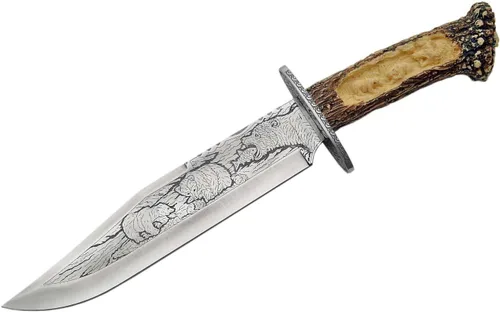 SZCO Cuchillo de asta de oso con soporte de exhibición de 15.25 pulgadas, cuchillos decorativos marrones con mango de ciervo, hoja de acero