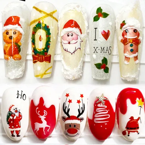 Miniatura 9 de 10 calcomanías de uñas de Navidad de invierno para mujeres, dibujos animados 3D, alce, muñeco de nieve, campanas de Papá Noel, copo de nieve
