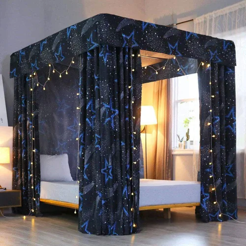 Miniatura 5 de Mengersi Cortina de cama con poste de cuatro esquinas de princesa para niñas, adultos y niños (tamaño matrimonial, mariposa azul)