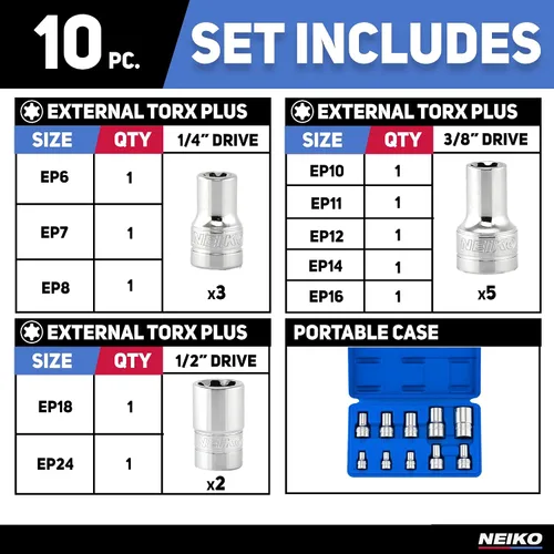 Miniatura 6 de Neiko 02473A - Juego de llaves externas Torx Plus, 10 piezas EP6 de 1/4 de pulgada - EP8, EP10 de 3/8 pulgadas - EP16, unidad cuadrada de 1/2