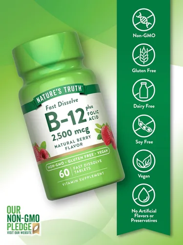 Miniatura 3 de Nature's Truth Vitamina B12 60 tabletas de disolución rápida 2500 mcg con ácido fólico Vegano, sin OMG y sin gluten