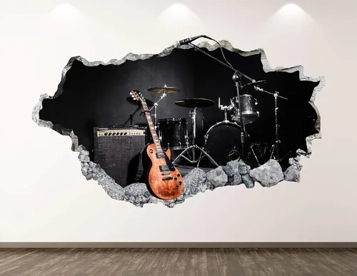 Calcomanía de pared de guitarra, decoración artística en 3D, banda de música, mural, regalo personalizado BL128 (42 pulgadas de ancho x 24 pulgadas