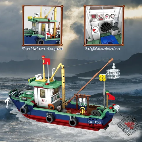 Miniatura 3 de Juego de bloques de construcción de barcos de pesca, juego de bloques de construcción de pesca en el mar, juego de juguetes de colección