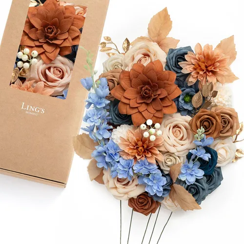 Miniatura 39 de Ling's moment Caja de Flores Falsas, Tallos de Vegetación Artificial Falsa Rosas de Espuma Dalia Hortensia de Seda Peonía Flor de Tela para Centros