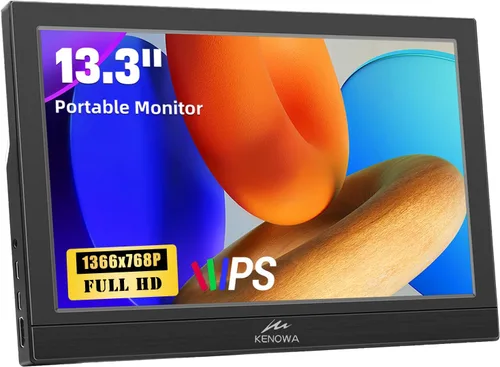 Kenowa Monitor portátil de 13.3 pulgadas - HD 1366x768P Pantalla LED Monitor externo con USB C HDMI, altavoces incorporados, segunda pantalla para