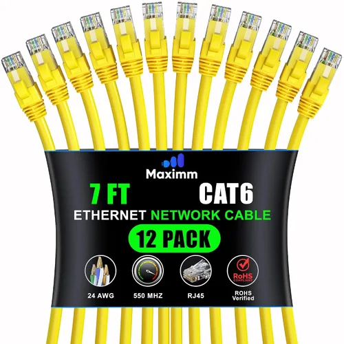 Miniatura 25 de Maximm Cable Ethernet Cat 6 – 7 pies (paquete de 12), LAN de alta velocidad, Internet, parche y cable de red, UTP, 10 Gbps, 550 MHz, color azul