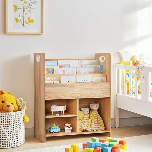 Miniatura 10 de VECELO Estante de almacenamiento para libros de fotos para niños, organizador industrial de pie, estante de exhibición de libros para niños