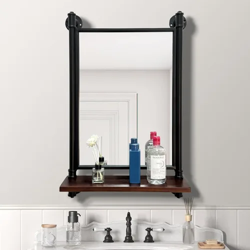 Espejo de tubo industrial, estantes de madera, espejo de dormitorio con estante, espejos rectangulares de pared de hierro para sala de estar y