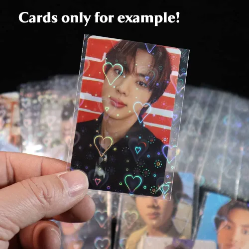 Miniatura 2 de 100 fundas holográficas con forma de corazón dulce, lindo protector de tarjeta Holo brillante para Kpop Idol/TCG/CCG tamaño estándar/cubierta