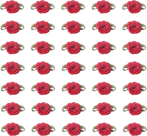Miniatura 8 de 50 piezas de rosas de satén con hojas verdes, lazos de cinta mini lindos, suministros de flores artificiales de tela, adorno de aplique