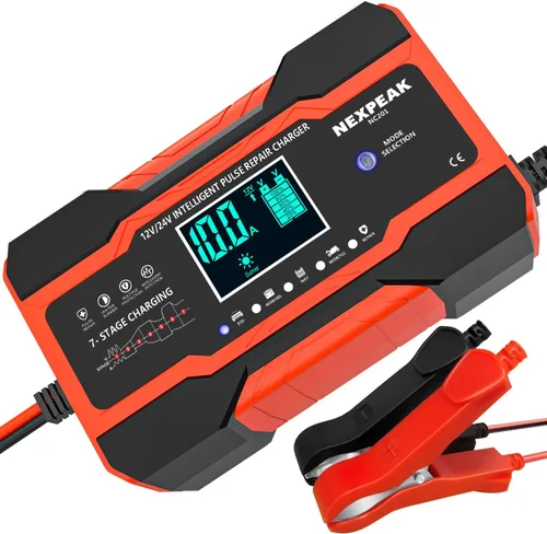 NEXPEAK NC201 - Cargador de batería de 10 amperios, cargador inteligente de goteo de 12 V, 24 V, cargador de batería de automóvil, desulfatador de