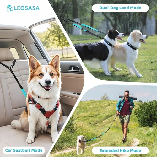 Miniatura 7 de Correa doble para perro, divisor sin enredos para dos perros, acoplador con cuerda de plomo larga ajustable, asas de control dual, elástico