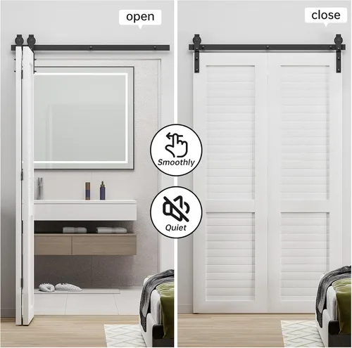 Miniatura 3 de Kit de riel de herrajes para puerta corrediza plegable de granero de 24", suave y silencioso, rodillo negro montado lateralmente, fácil de instalar