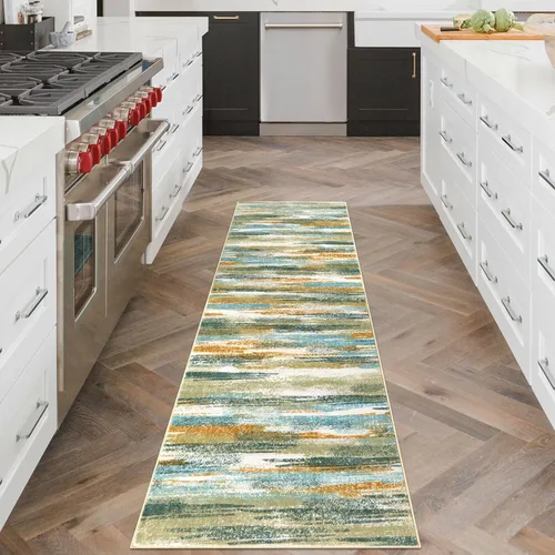 Miniatura 3 de Alfombra de pasillo moderna Lansny 2 x 6 pulgadas, alfombra de cocina lavable verde mostaza multicolor, alfombra antideslizante suave para pasillo