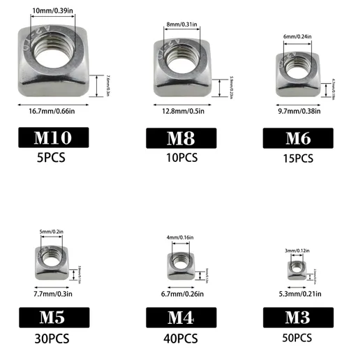 Miniatura 2 de Kit surtido de tuercas cuadradas métricas de acero inoxidable 304, 150 piezas, M3-M10, plata