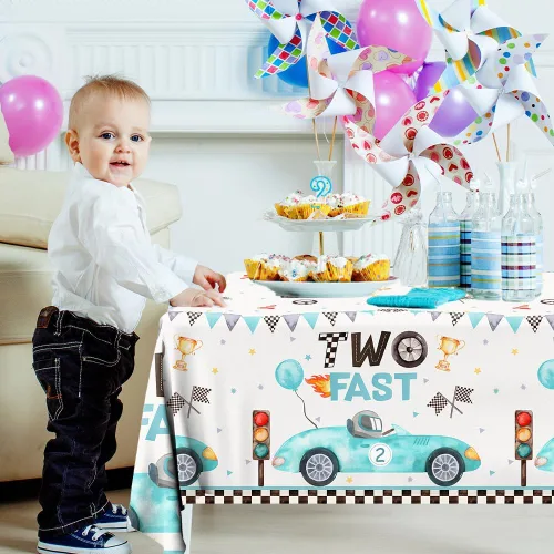 Miniatura 6 de GREHUMOR 3 manteles de cumpleaños de auto de carreras rápidas para niños, banderas azules a cuadros, cubierta de mesa de volante de carreras, mantel
