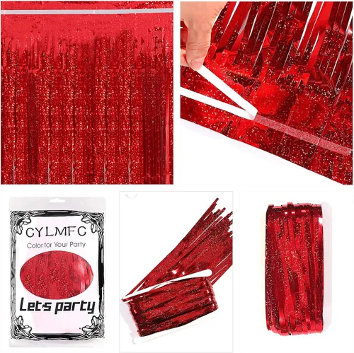 Miniatura 4 de Cortina metálica con franjas de aluminio de telón de fondo con 2 paquetes de cortinas, para fiesta láser, de 3 x 8 pies, de CYLMFC, para decoración