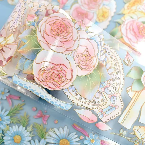 Miniatura 8 de Cinta washi de rosa para collage original de flores, creatividad, hecha a mano, para libro de diario, material PET con efecto láser (90395)