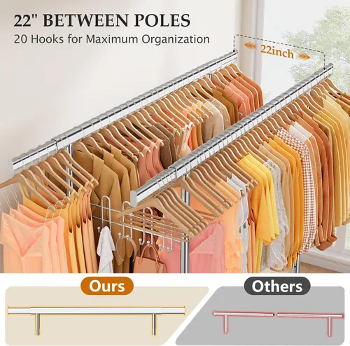 Miniatura 13 de Gewudraw Estante de ropa resistente con carga de 900 libras, estante comercial de doble barra con ruedas y estantes resistentes, estante colgante