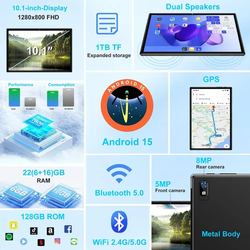 Miniatura 6 de Tablet 2026, tabletas Android 15 de 10 pulgadas 22GB+128GB+1TB Expand, tableta electrónica 2 en 1 Octa-Core con funda de teclado y mouse, batería