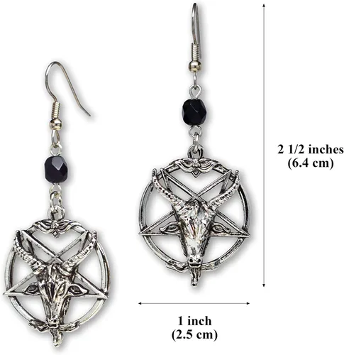 Miniatura 3 de Baphomet - Pendientes colgantes con diseño de cabeza de cabra invertida, acabado plateado, Peltre, acero quirúrgico