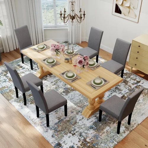Miniatura 8 de LSSPAID Juego de 2 sillas de comedor tapizadas de tela con ribete de cabeza de clavo y patas de madera maciza para el hogar y la cocina, color gris
