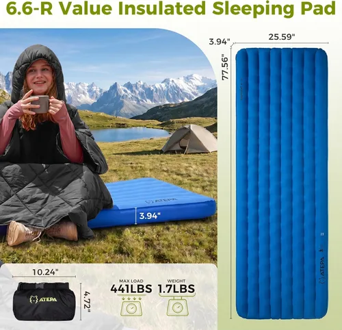 Miniatura 3 de ATEPA ThermAir Pro - Colchoneta de dormir aislada para mochileros, 6.6 R-Value 4 pulgadas de grosor, ultraligero y silencioso, colchón de aire