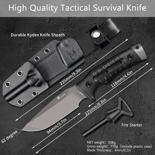 Miniatura 3 de HX OUTDOORS Cuchillo de Hoja Fija para Acampar con Iniciador de Fuego, Cuchillo de Supervivencia Bushcraft de Acero DC53 Premium con Espiga Completa