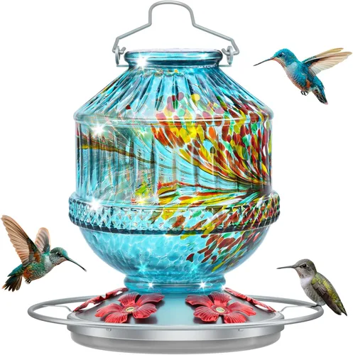 Miniatura 10 de Comederos de vidrio soplado para colibríes para exteriores, comedero de néctar para pájaros silvestres de 25 onzas con percha y 5 puertos