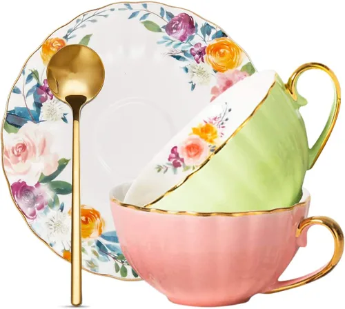 Miniatura 9 de ONEUSTAR Juego de taza de té y platillo para 1 taza de té floral de porcelana de hueso con cuchara, taza de café de 8 onzas, taza de capuchino latte