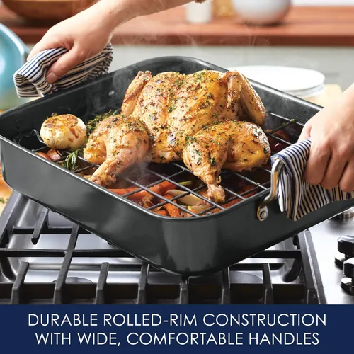Miniatura 4 de Rachael Ray Bakeware Asador/Bandeja para Asar Antiadherente con Rejilla Reversible, 16.5 Pulgadas x 13.5 Pulgadas, Gris