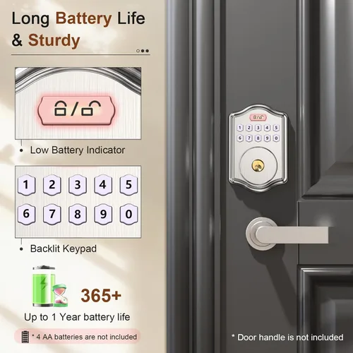 Miniatura 6 de 52HZ Cerradura de puerta de entrada sin llave con código, cerrojo electrónico con teclado y 2 llaves, cerraduras inteligentes para puerta principal