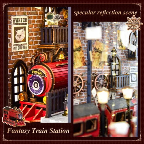 Miniatura 5 de Kit de rincón de libro de estación de tren retro, rompecabezas de casa de muñecas en miniatura 3D con luz LED, apto para principiantes para adultos