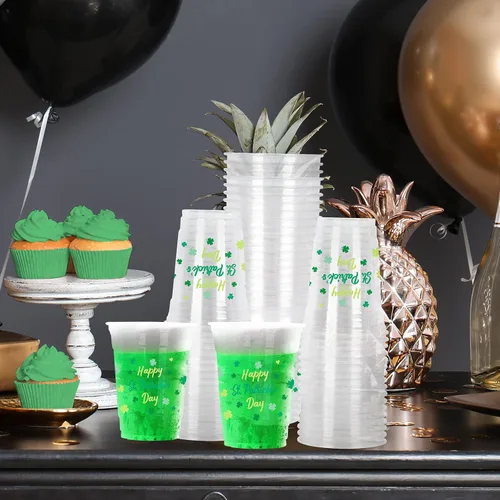 Miniatura 3 de Paquete de celebración del Día de San Patricio, 60 vasos de plástico con temática irlandesa de 12 onzas con diseño de trébol de la suerte