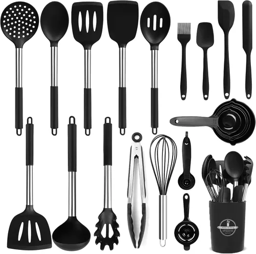 KSENDALO Juego de 26 utensilios de cocina de silicona negra no tóxicos con cucharas, pinzas resistentes al calor, batidor y soporte, aptos para